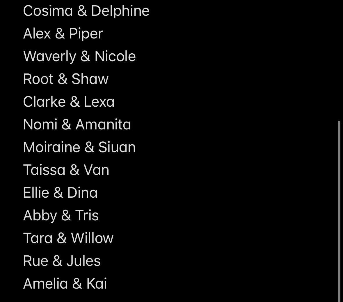 scrofantastic's tweet photo. these are the sapphic couples I want to include in my pride edit this year. anyone else you want me to add? 👀 https://t.co/XTRfHELA4N