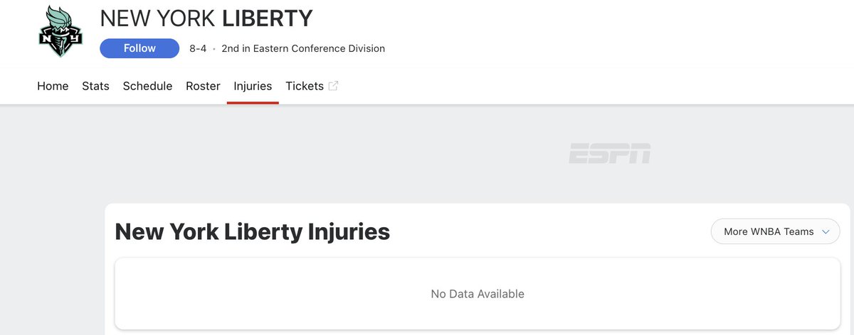 FiddlesPicks's tweet photo. Hey @espn &amp; @espnW,

This is pathetic. You're WNBA team injury reports are blank.

Napheesa Collier &amp; Sabrina Ionescue are just two examples of absolute superstars already being ruled out for their next game, &amp; your site reports no data available.

Fix your shit. Respect the W. https://t.co/3VOKgkM7t9