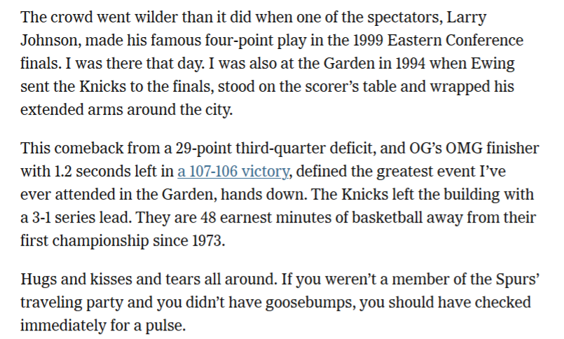 Ian_OConnor's tweet photo. Wife's text with the Knicks down about 25, heading to 29: "Well I can go to bed early."

My response from the Madison Square Garden press box: "Don't think it's over yet. ...But close." 

My column on the greatest Garden event I've ever attended:
https://t.co/4G3vI8ZpSo https://t.co/j5pZYHh44V