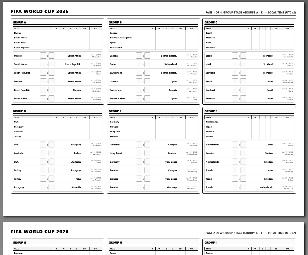 altaev's tweet photo. Need a 2026 World Cup Wall Chart to print &amp; write results manually? 🗓️⚽

Here is a clean B&amp;W HTML template optimized for landscape printing, updated with all 48 teams and localized to UTC+2! 🕒

Get the source file here: 👇
https://t.co/wKToK44Mt8
#WorldCup2026 #FIFAWorldCup https://t.co/vEtpn6pXK4