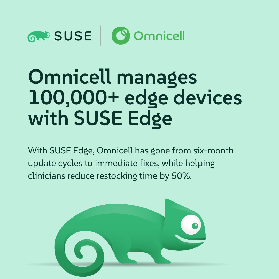 SUSE's tweet photo. 💊 Omnicell modernized medication management with SUSE. 

Now they can: 
🔹 Manage 100,000+ edge devices 
🔹 Ship instant fixes (not 6‑month cycles) 
🔹 Auto‑rollback failed updates 
🔹 Cut clinician restock time by 50%

👉 See how they’re transforming med management at the edge
https://t.co/hnbgElizeR

#SUSE #HealthcareIT #EdgeComputing #MedTech #OpenSource #Automation