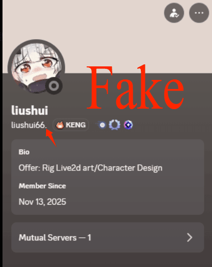 liushui69's tweet photo. Hey everyone, please be aware that there’s a Discord account impersonating me. Since I don’t log into Discord very often, the imposter’s account is (liushui66.), and they’ve added an extra period after the ID. I’ve already changed my Discord ID and profile picture. https://t.co/vqjsen5D9c