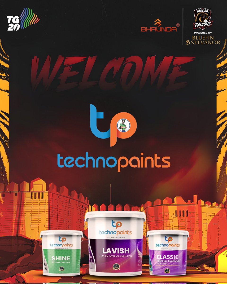 MedakFalcons's tweet photo. We are delighted to welcome Techno Paints as our Sponsor for the Telangana T20 season. 🎨

A renowned paint manufacturing company, Techno Paints offers a diverse portfolio of products and services catering to residential, commercial, industrial, and hospitality sectors. 🙌 https://t.co/hPFB1my78b