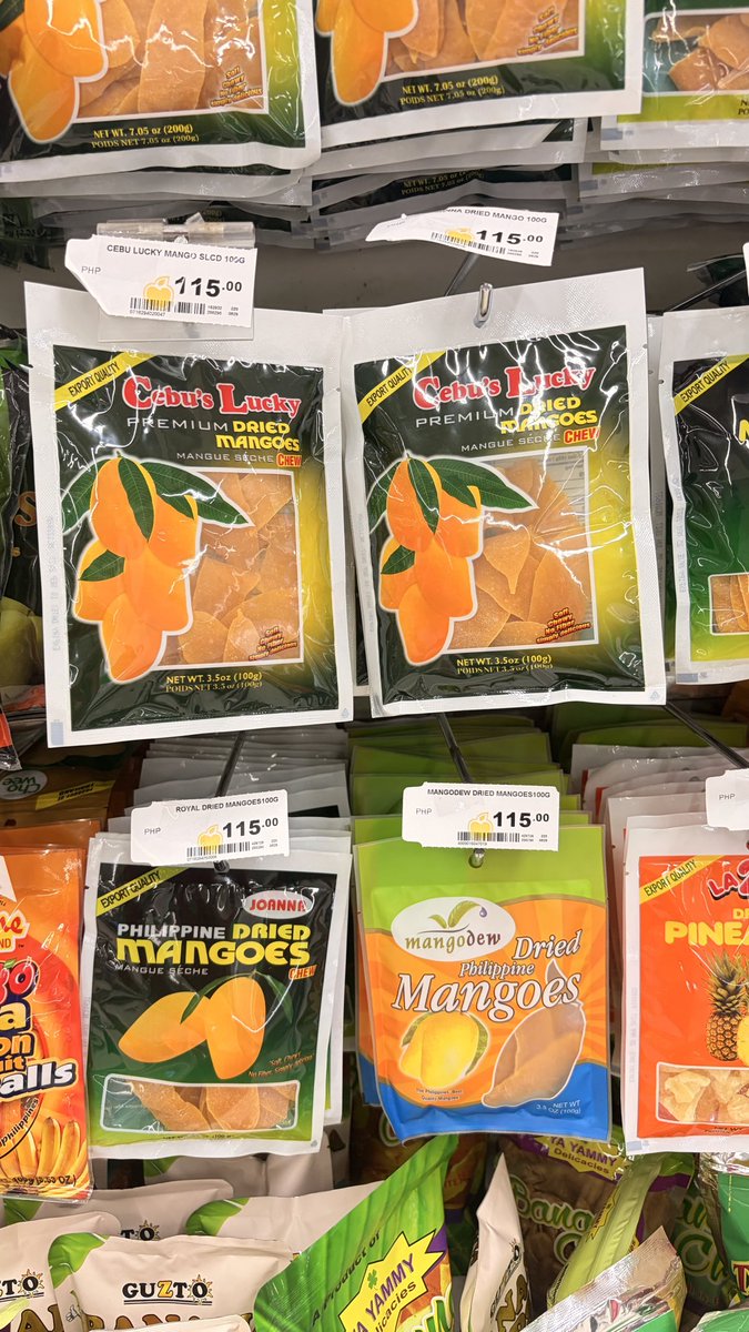 heyalexus's tweet photo. My favourite dried mango, Cebu’s Lucky, and  Mango Dew, went from ₱87.50 ➡️ ₱92 ➡️ ₱102 ➡️ ₱115.

Inflation is real. https://t.co/FNYJlRb4LP