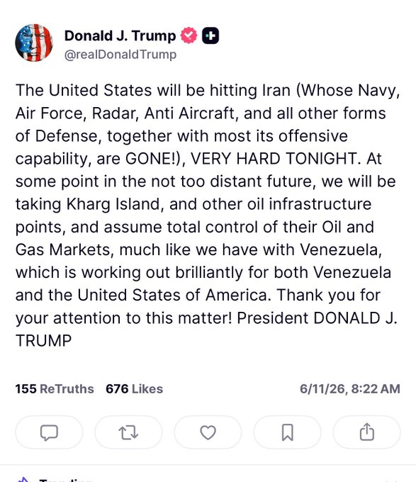 ZuritaCarpio's tweet photo. Trump anuncia que atacará a Irán nuevamente esta noche y que va por el control de la isla de Kharg para tomar el control de los mercados de petróleo y gas de Irán en el futuro. https://t.co/ojGkwE8d1i