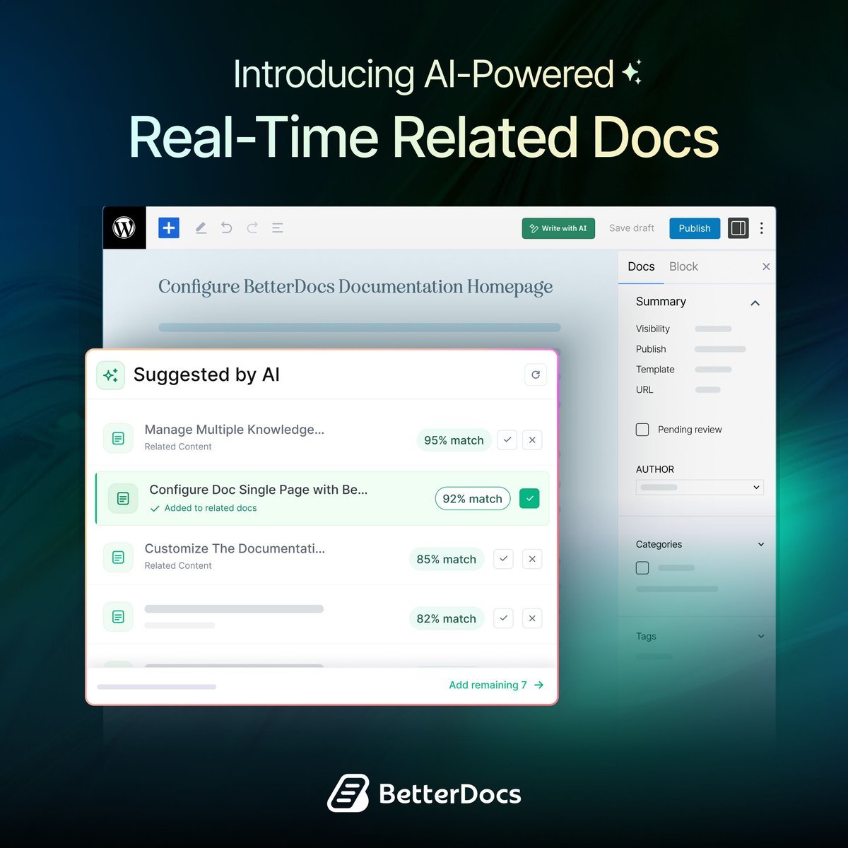 WPDevTeam's tweet photo. Your docs have a silent problem: users finish one article and have no idea what to read next. π
#BetterDocs now fixes that with AI-Powered Real-time Related Docs, recommendations based on actual user behavior, not just manual tags.
#BetterDocs #KnowledgeBase #WordPressPlugins https://t.co/F8MCfLHhK3