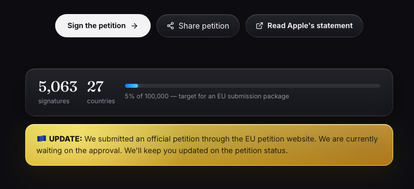 Apple_Geek_Actu's tweet photo. ✨🇪🇺 Mise à jour concernant l’initiative visant à obtenir Siri AI en Europe !

Le site https://t.co/Dk2zYmv3qi annonce avoir officiellement soumis une pétition via le portail des pétitions de l’Union européenne. Celle-ci est actuellement en attente d’approbation.

Voici le communiqué du site : 

"Nous avons soumis une pétition officielle via le site des pétitions de l’Union européenne. Nous sommes actuellement en attente de son approbation. Nous vous tiendrons informés de l’évolution de son statut."

Soutenez cette pétition (déjà plus de 5000 votes 👏) ! Plus nous serons nombreux à faire entendre notre voix, plus il sera difficile d’ignorer la demande des utilisateurs européens. 

Si pas, nous aurons essayé de faire bouger les choses.

@ferrantelorenzo