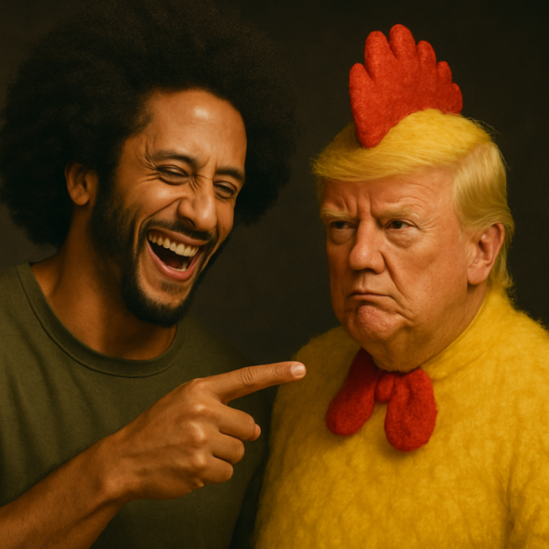 noligarchy_US's tweet photo. Today’s #BAWK brought to you by: fear, fascism, and feathers. Don’t forget to point. 🐔 #ColinKaepernick #CluckTheCoup https://t.co/VIaAoHyE61