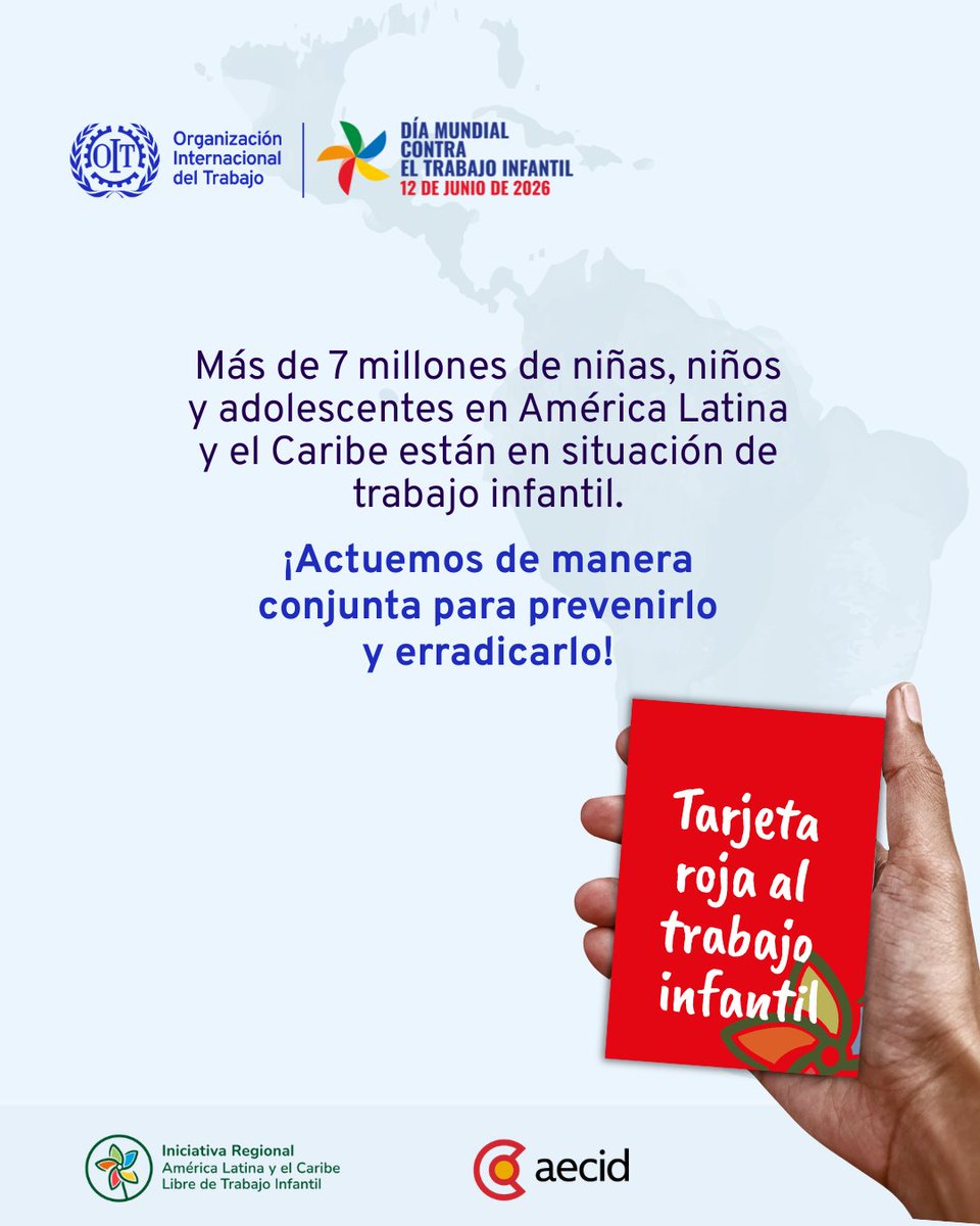 OITAmericas's tweet photo. Detrás de cada cifra, hay niñas, niños y adolescentes que deberían estar aprendiendo, jugando y desarrollándose plenamente 🚫🟥.

Únete a la campaña y saca Tarjeta Roja al trabajo infantil: https://t.co/AmPC6InWFJ

#SinTrabajoInfantil #EndChildLabour @SinTrabinfantil https://t.co/O8gHeklVEN