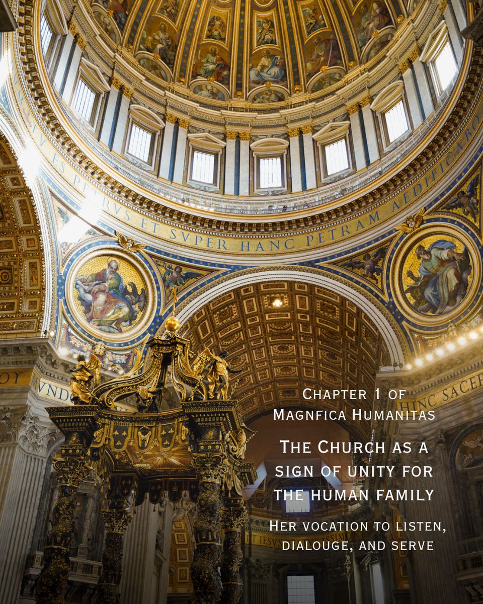 CathInstTech's tweet photo. The Church is called to be "a sign of unity for the whole human family."

She listens, enters into dialogue, serves the vulnerable, and promotes human dignity, without replacing the role of civil society.

In Chapter 1 of Magnigica Humanitas, Pope Leo emphasizes that faith doesn't withdraw from the world, but that it must accompany it. 

#catholictech #catholic #popeleo #vatican