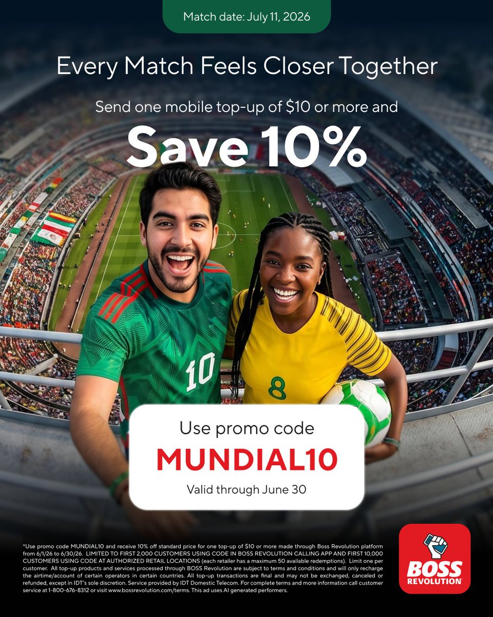 BOSSRevolution's tweet photo. Save 10% on one mobile top-up of $10 or more with promo code MUNDIAL10. Send data to your people in Mexico or South Africa so they don't miss a single match. Valid through June 30. Terms apply. https://t.co/hOE0H4Lp0j