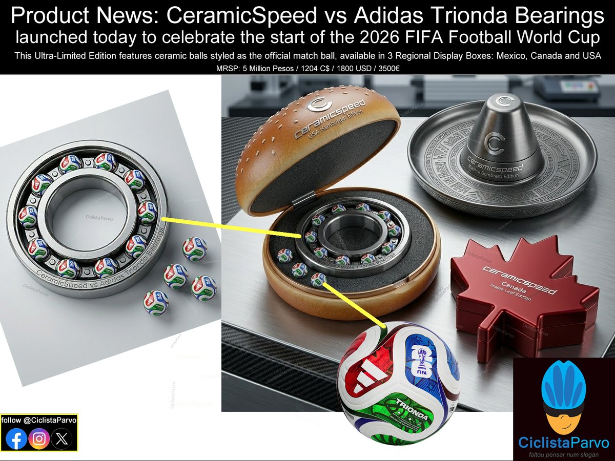 CiclistaParvo's tweet photo. Product News: @CeramicSpeed vs @adidas Trionda Bearings launched today to celebrate the start of the 2026 FIFA Football World Cup Ultra-Limited Edition in 3 Regional Display Boxes: Mexico, Canada and USA

@adidasfootball @fifaworldcup

#humor #fun #ciclistaparvo #bikes #cycling https://t.co/Re3KPFTpSJ
