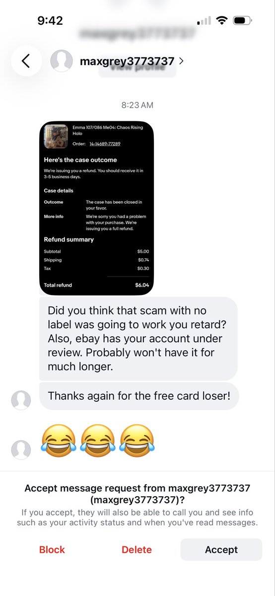 RI_RipsNKicks's tweet photo. @CardPurchaser Just another buyer to avoid if anyone’s selling Pokemon singles. Even sent a return label just to be harassed more by this bottom feeder on every platform possible😂 https://t.co/HgpcFZ9lkt