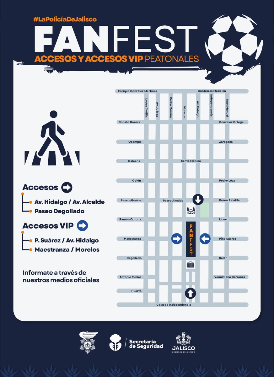 Informe24GDL's tweet photo. La @JaliscoVial recuerda cuáles son los accesos generales y accesos VIP para el #FIFAFanFestival2026 que se celebrará en el Centro Histórico de Guadalajara. 

También, reiteró que mantiene un dispositivo vial especial en el primer cuadro.
1/2 https://t.co/h4jn0Wczdx