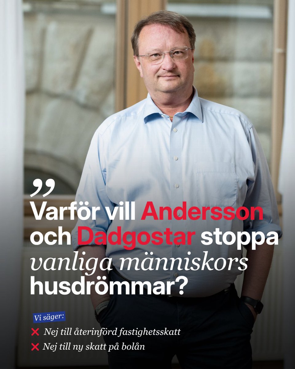 beckmansasikter's tweet photo. Om Anderssons och Dadgostars sida får makten vill de återinföra fastighetsskatten och införa en helt ny skatt på bolån.
 
Bolåneskatten, som Socialdemokraterna kallar ”bankskatt”, kommer både enligt Mikael Damberg själv och bankerna att leda till högre boräntor.
 
Det betyder att vanligt folk, som redan kämpar med höga matpriser, elräkningar och bolån, ska få ännu mindre kvar i plånboken varje månad.
 
Dadgostar kallar fastighetsägare för ”feta katter”. Andersson tycker att fler ska bidra mer. Men vilka är det egentligen de pratar om? Det är småbarnsfamiljer, pensionärer och hårt arbetande människor som har sparat, lånat och kämpat för att kunna köpa sitt hem.
 
Nu när Centerpartiet för första gången öppet stöttar en vänsterradikal regering finns bara ett alternativ som kan stoppa dem.
 
Vi Moderater ser inga ”feta katter” i svenska villa- och radhusområden. Vi ser människor som gör rätt för sig och förtjänar mer pengar kvar i plånboken – inte nya orättvisa skatter på sitt hem.