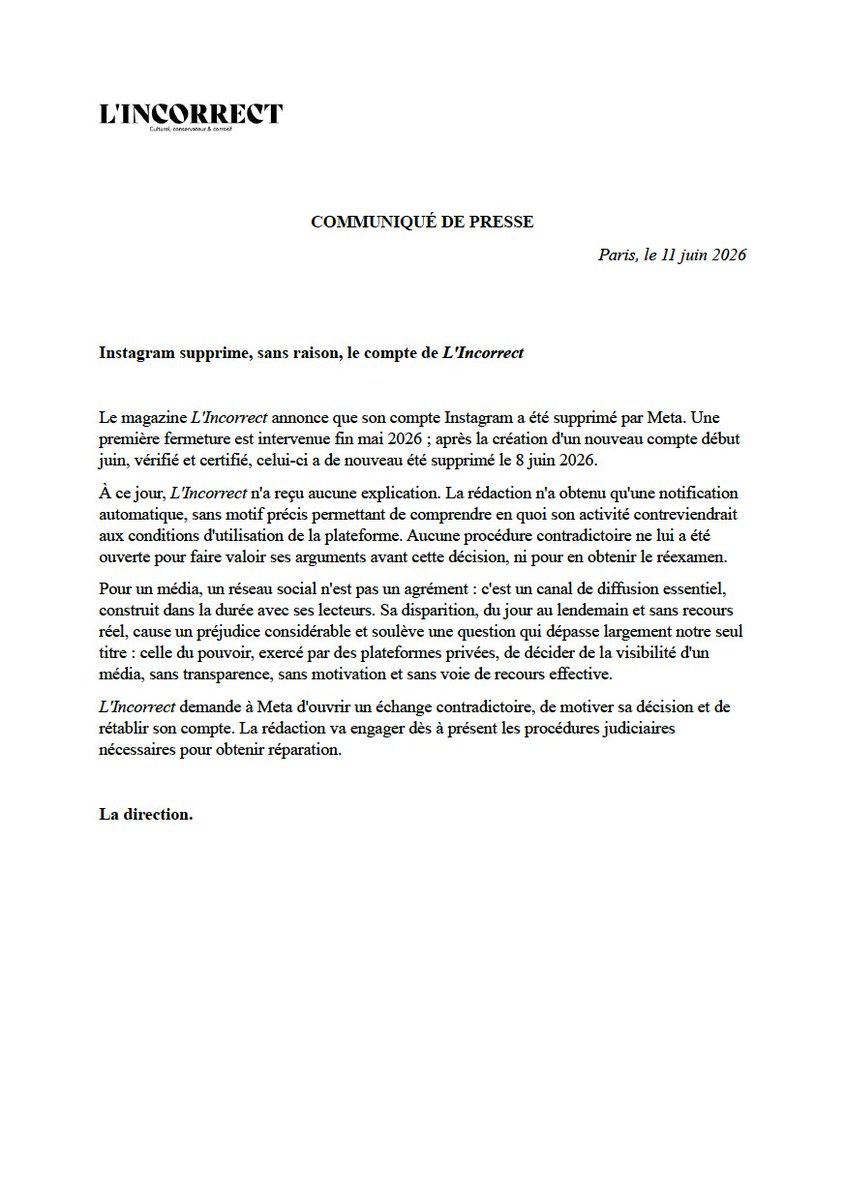 MagLincorrect's tweet photo. 🚨[ COMMUNIQUÉ ] : Notre magazine censuré et banni d'Instagram.

➡️L'Incorrect demande à Meta d'ouvrir un échange contradictoire, de motiver sa décision et rétablir son compte.  Nous engageons dès à présent les procédures judiciaires nécessaires pour obtenir réparation. https://t.co/cE1mpAnSZd