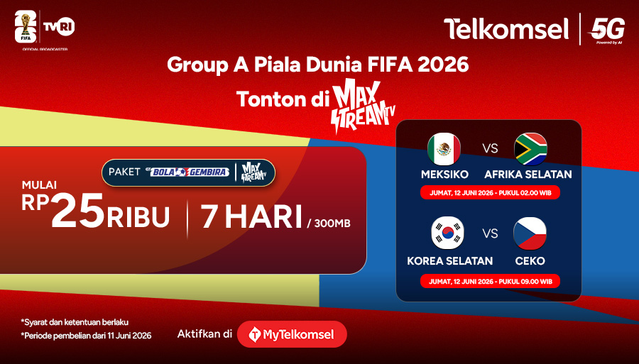 SIMPATI's tweet photo. Laga pembuka Group A Piala Dunia FIFA 2026 siap dimulai! 

Aktifkan Paket Bola Gembira dan nikmati tayangan Piala Dunia FIFA 2026 mulai Rp25 ribu dengan akses nonton 7 hari + kuota 300MB 

Aktifkan sekarang di MyTelkomsel atau https://t.co/6Rqm7HiHyv

Info lebih lanjut: https://t.co/oleleAVfTq

*S&K Berlaku
#BolaGembiraMAXStreamTV #Telkomsel5G #DekatnyaNyataPintarnyaTerasa #Telkomsel5GPoweredbyAI