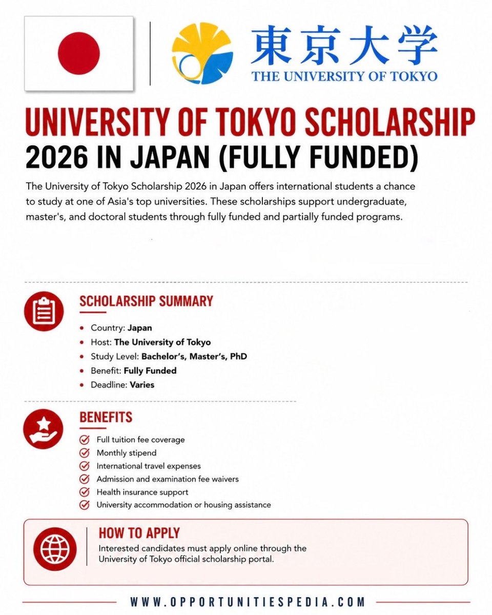 Opedia3's tweet photo. 🇯🇵 University of Tokyo Scholarship 2026 in Japan | Fully Funded

Study at one of Asia’s top universities with scholarship opportunities in Japan!

🏫 Host University: The University of Tokyo
📍 Country: Japan
🎓 Study Levels: Bachelor’s, Master’s & PhD

✨ Scholarship Benefits:
✅ Full tuition fee coverage
✅ Monthly stipend
✅ International travel expenses
✅ Admission & examination fee waivers
✅ Health insurance support

Details link: https://t.co/z8S8HVkRdy

🗓️ Deadline: Varies by program

🚀 Don’t miss this scholarship opportunity in Japan!

🔖 #UniversityOfTokyo #StudyInJapan #FullyFunded #Scholarships2026 #InternationalStudents #OpportunitiesPedia