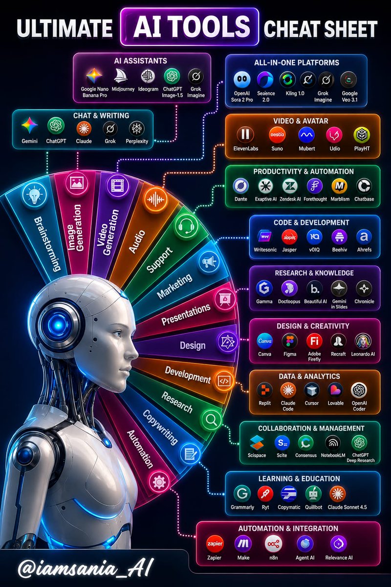 iamsania_AI's tweet photo. 🚨 Most people think AI is just ChatGPT.
They're wrong.

AI is an entire ecosystem of tools designed for different jobs.

Here's the Ultimate AI Stack for 2026 👇

🧠 Brainstorming & Strategy → ChatGPT → Claude → Perplexity

🎨 Image Creation → Midjourney → Ideogram → Adobe Firefly

🎬 Video Generation → Runway → Pika

🎧 Voice & Audio → ElevenLabs → Suno

💻 Coding & Development → Cursor → Replit

📊 Research & Learning → SciSpace → Consensus

✍️ Writing & Content → Grammarly → Jasper

⚙️ Automation & Workflows → Zapier → Make

The biggest mistake?

People jump between 20 AI tools hoping for better results.

Instead, build a system.

📌 Simple Formula:

1️⃣ Use one tool for ideas 
2️⃣ Use one tool for creation 
3️⃣ Use one tool for distribution 
4️⃣ Automate repetitive tasks

That's how you turn AI into a real productivity machine.

Stop collecting tools. Start building workflows.

The people winning with AI aren't using more tools.

They're using the right tools together.

🔖 Save this AI stack for later.

Follow for more practical AI insights, workflows, and growth hacks. 🚀