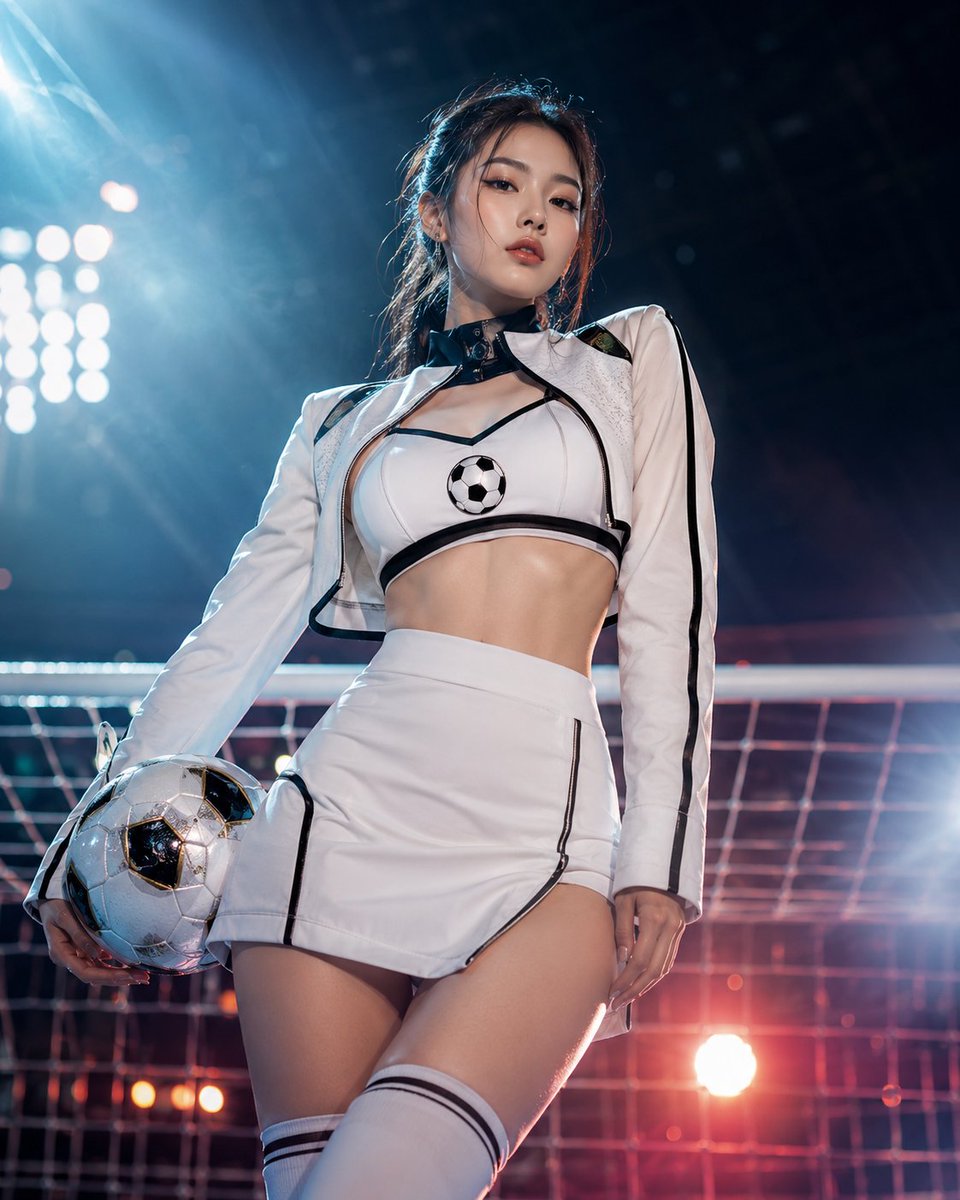 Mrpinecone888's tweet photo. GPT Image 2 提示词：

一位成年女性世界杯足球宝贝以高级时尚大片方式呈现，穿着足球元素高定改良造型，例如修身短夹克、运动感胸前设计、利落高腰短裙和长靴或长袜，整体造型偏时尚性感但保持高级克制，姿态自信，眼神坚定，背景是抽象化的
球场灯光、球网、世界杯视觉元素和品牌化舞台，画面兼具时尚杂志封面和体育海报感，高清写实，冷暖光交织