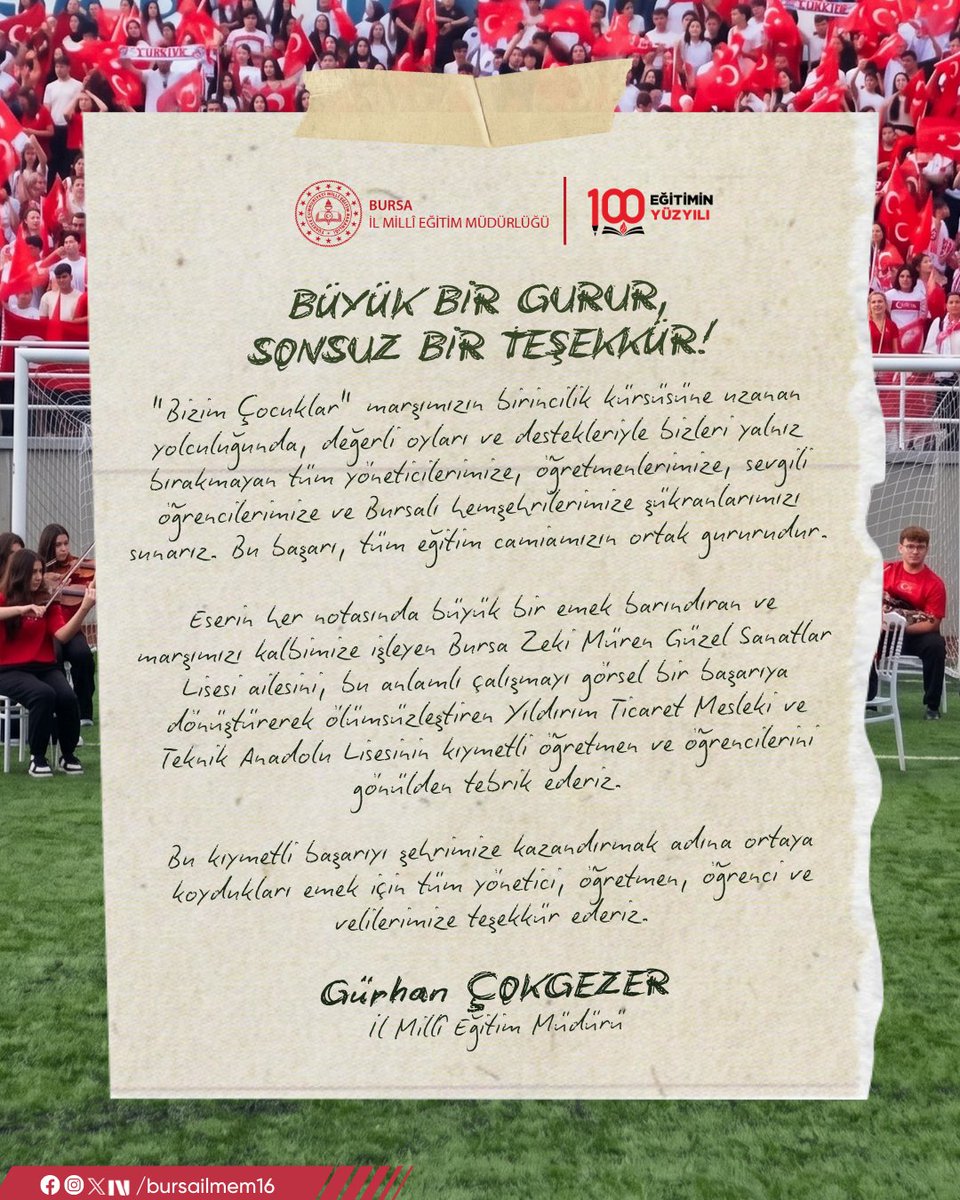 bursailmem16's tweet photo. Büyük bir gurur, sonsuz bir teşekkür!

"Bizim Çocuklar" marşımızın birincilik kürsüsüne uzanan yolculuğunda, değerli oyları ve destekleriyle bizleri yalnız bırakmayan tüm yöneticilerimize, öğretmenlerimize, sevgili öğrencilerimize ve Bursalı hemşehrilerimize şükranlarımızı sunarız. Bu başarı, tüm eğitim camiamızın ortak gururudur. 

Eserin her notasında büyük bir emek barındıran ve marşımızı kalbimize işleyen Bursa Zeki Müren Güzel Sanatlar Lisesi ailesini, bu anlamlı çalışmayı görsel bir başarıya dönüştürerek ölümsüzleştiren Yıldırım Ticaret Mesleki ve Teknik Anadolu Lisesinin kıymetli öğretmen ve öğrencilerini gönülden tebrik ederiz.

Bu kıymetli başarıyı şehrimize kazandırmak adına ortaya koydukları emek için tüm yönetici, öğretmen, öğrenci ve velilerimize teşekkür ederiz.

Gürhan Çokgezer
İl Millî Eğitim Müdürü

@tcmeb @Yusuf__Tekin @GurhanCokgezer #bursamem