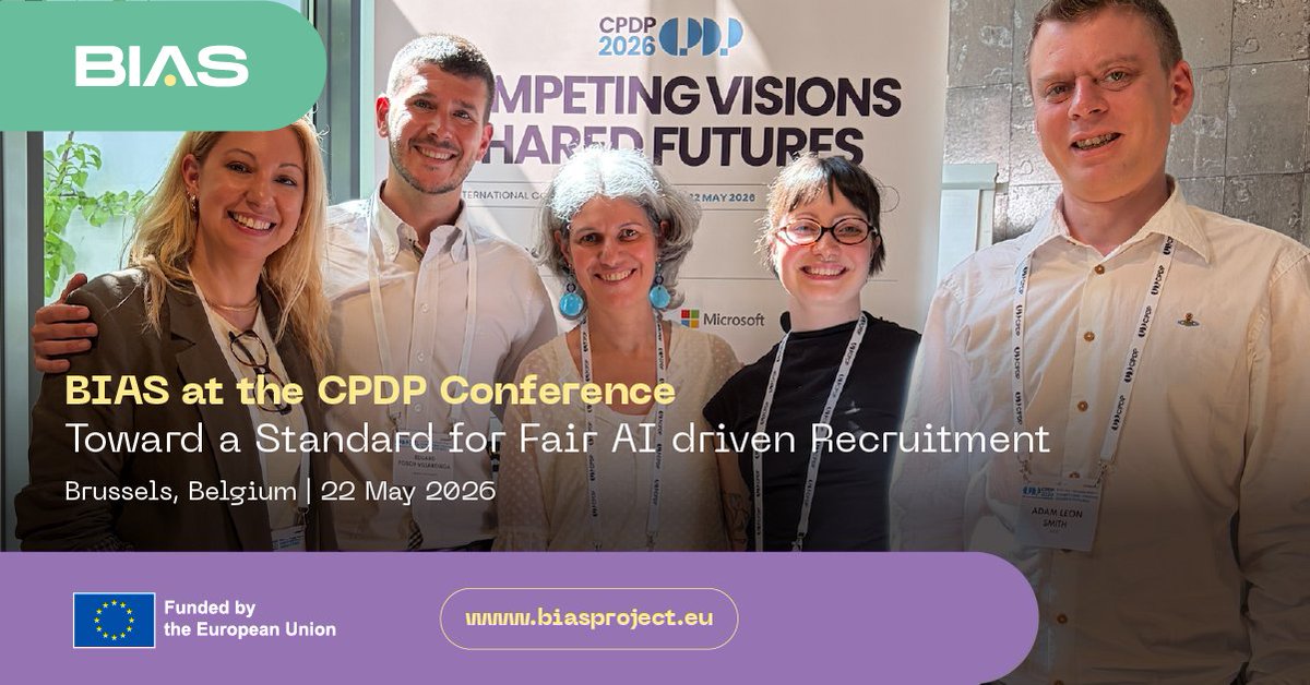 BIASProjectEU's tweet photo. How do we ensure AI hiring standards actually protect people, rather than just hitting technical benchmarks?
That was the question at #CPDP2026! 🎤 

The BIAS Project was out in full force, with @eduardfosch speaking on the "Toward a standard for fair AI-driven recruitment" panel, moderated by Frida Englund Sandvik (@NTNU). Our mission: pushing standardisation past rigid metrics and toward deep, real-world protections.

Here's to keep building fairer tech! 🚀💻

@CPDPconferences