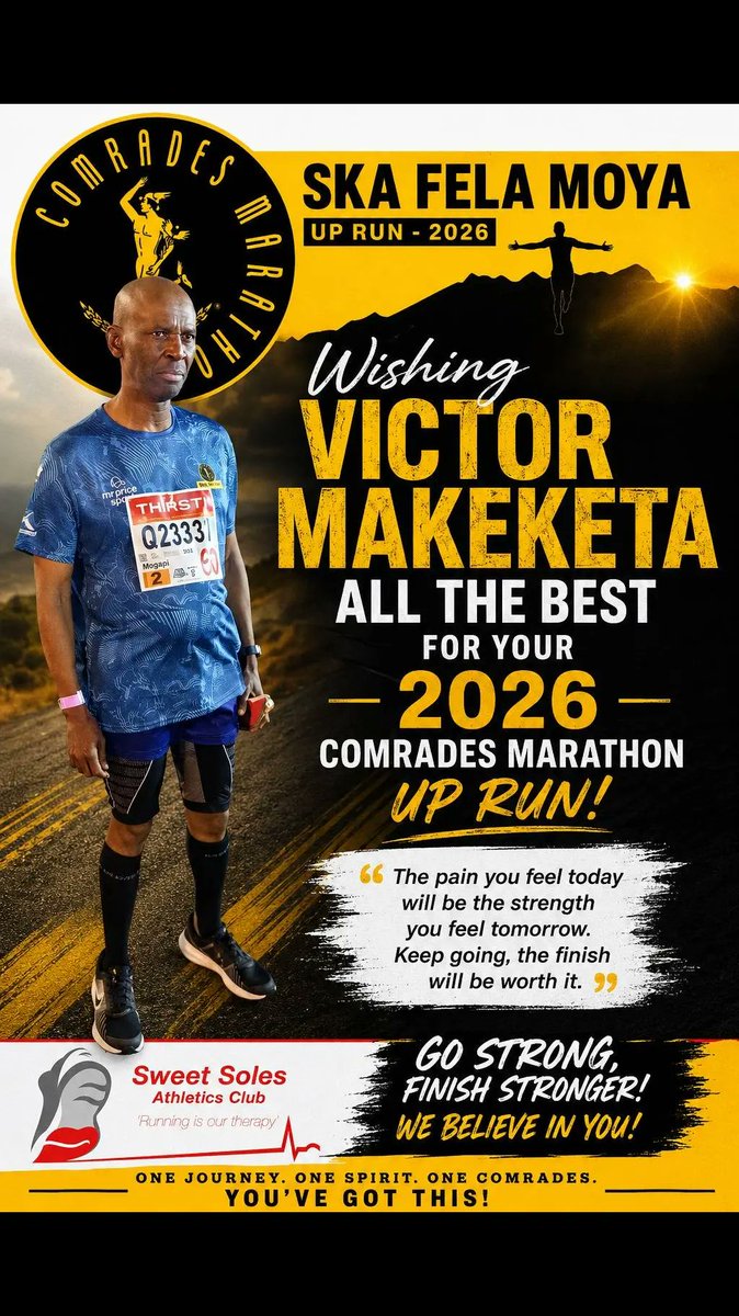 SweetSolesAC's tweet photo. Wishing Victor Makeketa all the very best as he takes on the 2026 Comrades Marathon Up 
#SweetSolesAthleticsClub                                              #Runningisourtheraphy                                                    #SkaFelaMoya https://t.co/9nQPDpGX8j