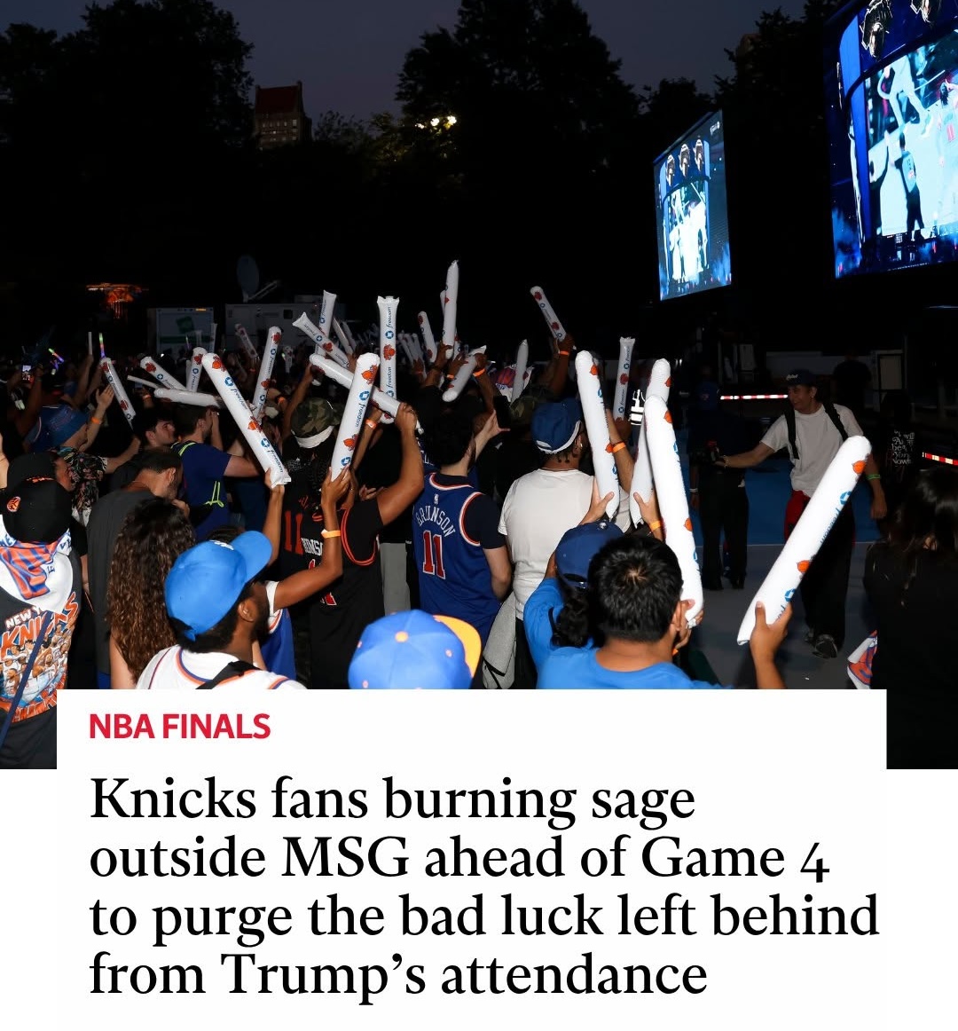 inkyswopsystem's tweet photo. It worked as Knicks fans expunge the toxic bad Trump ju-ju to overcome &amp; make the biggest comeback in NBA Finals history. https://t.co/ngtGxbTdsD