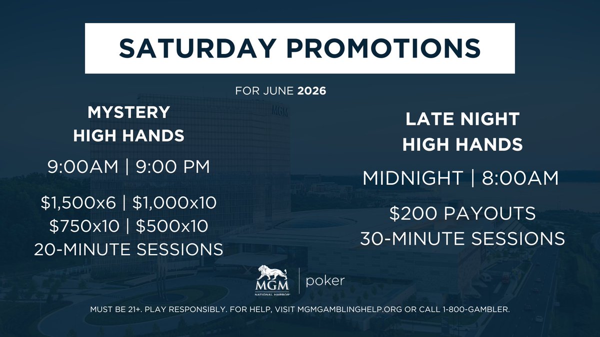 MGMNH_Poker's tweet photo. Saturday, June 13

🚨 Last chance to qualify!

Flight E of the $200K GTD Multiday runs today before all surviving players return Sunday for Day 2.

Bagged already? Tell us your chip count. 👇

#MGMNHPoker #Multiday #PokerTournament https://t.co/5XWRIfQlpP