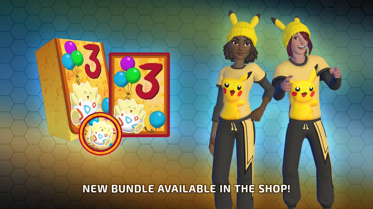PokemonTCGLive's tweet photo. [Third Anniversary Daily Shop Bundle]

The final limited-time bundle is now available in the Shop 📦

Get a Pikachu-themed avatar cosmetic set and the Togepi: Third Anniversary Deck Accessory Set for free* 🥳

* The 1,000 Trainer Points necessary for purchase will be returned. https://t.co/S0BkpqKOve