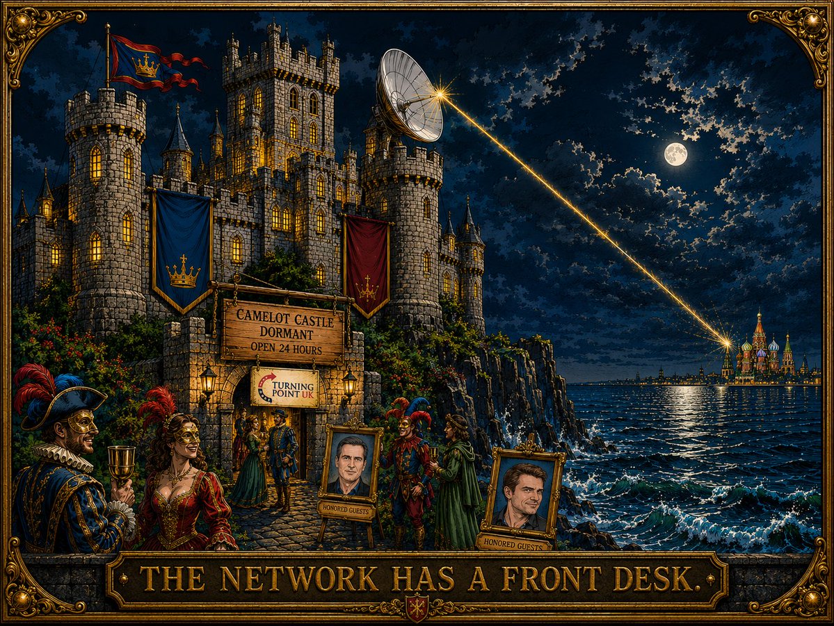 TrustedVector's tweet photo. The network runs through an actual castle.

John Mappin: Winchester-educated British Scientologist who owns the Camelot Castle Hotel on a cliff in Cornwall. He runs a 64-room hotel while filing the company as dormant with UK Companies House. His Russian wife has a 14.9% stake in the dormant structure.

They hosted Alexander Dugin on X Spaces as a "man of peace." Tagged the CEO of the Russian Direct Investment Fund and claims he introduced Candace Owens to her husband. He congratulated her trip to St. Petersburg as "healing the Schism."

A novelist would cut this character for being unbelievable.