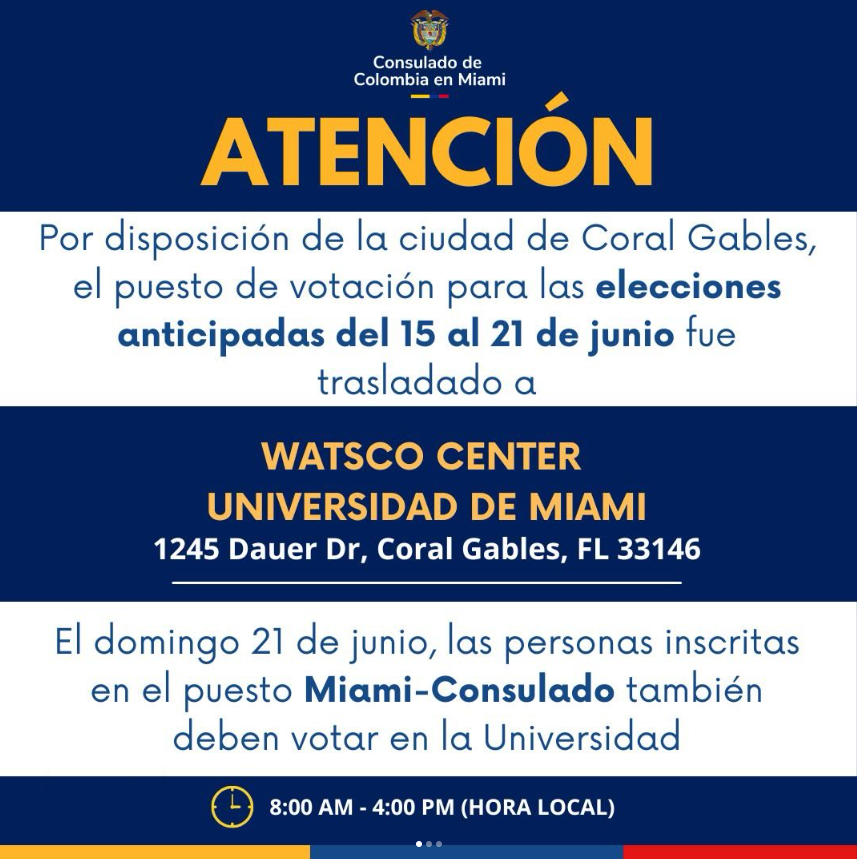 ghitis's tweet photo. ATENCION COLOMBIANOS EN MIAMI
La Ciudad de Coral Gables informó que, tras evaluar las condiciones de seguridad pública, movilidad, manejo de multitudes y acceso para emergencias observadas durante la primera vuelta presidencial, no autorizó la realización de la segunda vuelta de las elecciones presidenciales de Colombia en las instalaciones del Consulado General de Colombia en Coral Gables.

Entre las razones expuestas se encuentran las extensas filas y concentraciones de votantes registradas durante la primera vuelta, los impactos sobre el tránsito y la seguridad peatonal, así como la implementación de operativos especiales asociados a eventos de alta asistencia relacionados con la Copa Mundial de la FIFA.

Con el fin de garantizar la seguridad de los votantes y el adecuado desarrollo de la jornada electoral, las actividades de votación se realizarán en el Watsco Center de la Universidad de Miami, un espacio con la infraestructura, capacidad logística y condiciones de seguridad necesarias para atender este proceso.

📍 Watsco Center – University of Miami
📅 Del 15 al 21 de junio de 2026
⏰ De 8:00 a.m. a 4:00 p.m.
