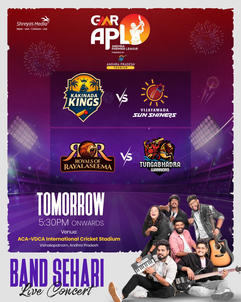 shreyasgroup's tweet photo. Cricket Fever is On, The Music Takes Over! 🎶🔥

As the excitement of #APL lights up the stadium, Band Sehri is ready to set the stage on fire with their spectacular live performance. 🏏❤️‍🔥

🗓️ TOMORROW | 05:30 PM Onwards
📍ACA-VDCA International Cricket Stadium, Visakhapatnam, Andhra Pradesh

@narendramodi @ncbn @PawanKalyan @naralokesh @KesineniS @kanduladurgesh @Tourism_AP #GMRAPL @shreyasgroup

#BandSehari #BandSehariLive #AndhraPremierLeague #AndhaPradeshCricketLeague #AndhraPradeshTourism #AndhraPradesh #ShreyasGroup #ShreyasMedia