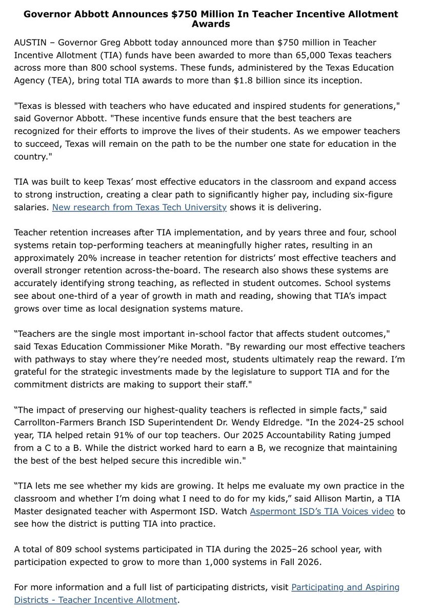 GovAbbottPress's tweet photo. Teachers shape the Texas of tomorrow. 

Gov. Abbott today announced more than $750M in Teacher Incentive Allotment funds have been awarded to 65,000+ Texas teachers. 

TIA was built to keep Texas’ most effective educators in the classroom &amp; expand access to strong instruction. https://t.co/1fZpc0Ifug