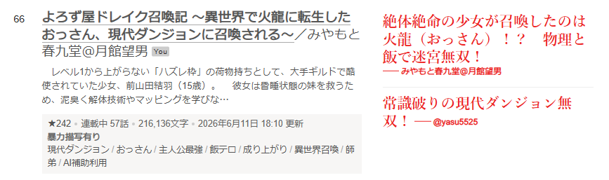 Shun9do's tweet photo. 現代ファンタジー週間ランキング66位。これかなー？ 80位くらいをうろうろしていたのに、急に伸びたな。 https://t.co/zCI0X0rPtr