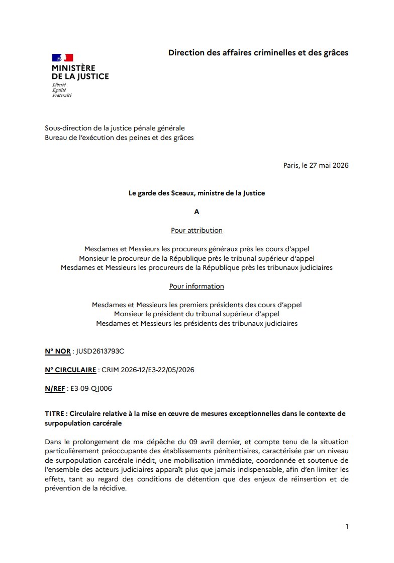 PhilippeMurer's tweet photo. Ce courrier officiel du ministère de la justice démontre que le ministère demande de libérer de façon anticipée les  prisonniers, parce que les prisons sont pleines.
✅Sans constructions massives de places de prison, la justice restera laxiste. https://t.co/qlS3ugEqhJ