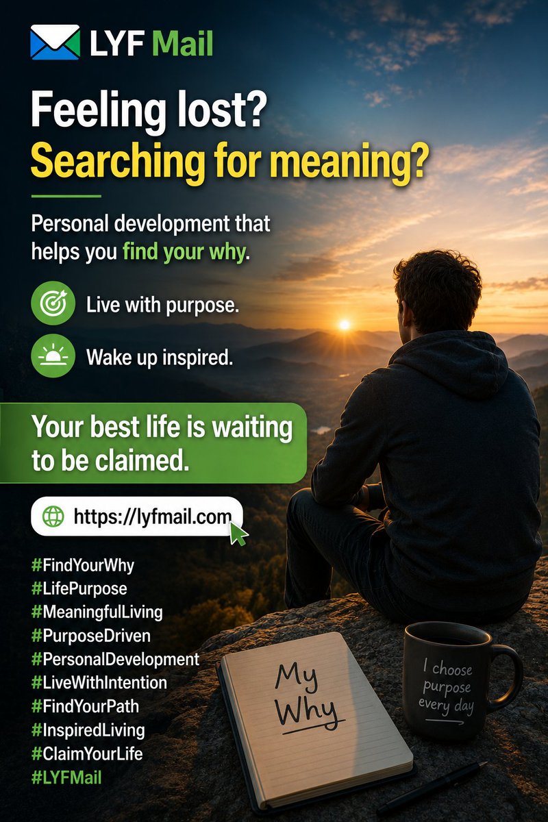 lyfmailcom's tweet photo. Feeling lost? Searching for meaning?
Personal development that helps you find your why. Live with purpose. Wake up inspired.
Your best life is waiting to be claimed.
π https://t.co/YUzBjYFBqP
#FindYourWhy #LifePurpose #MeaningfulLiving #PurposeDriven #LYFMail https://t.co/7OeqAyYBcu