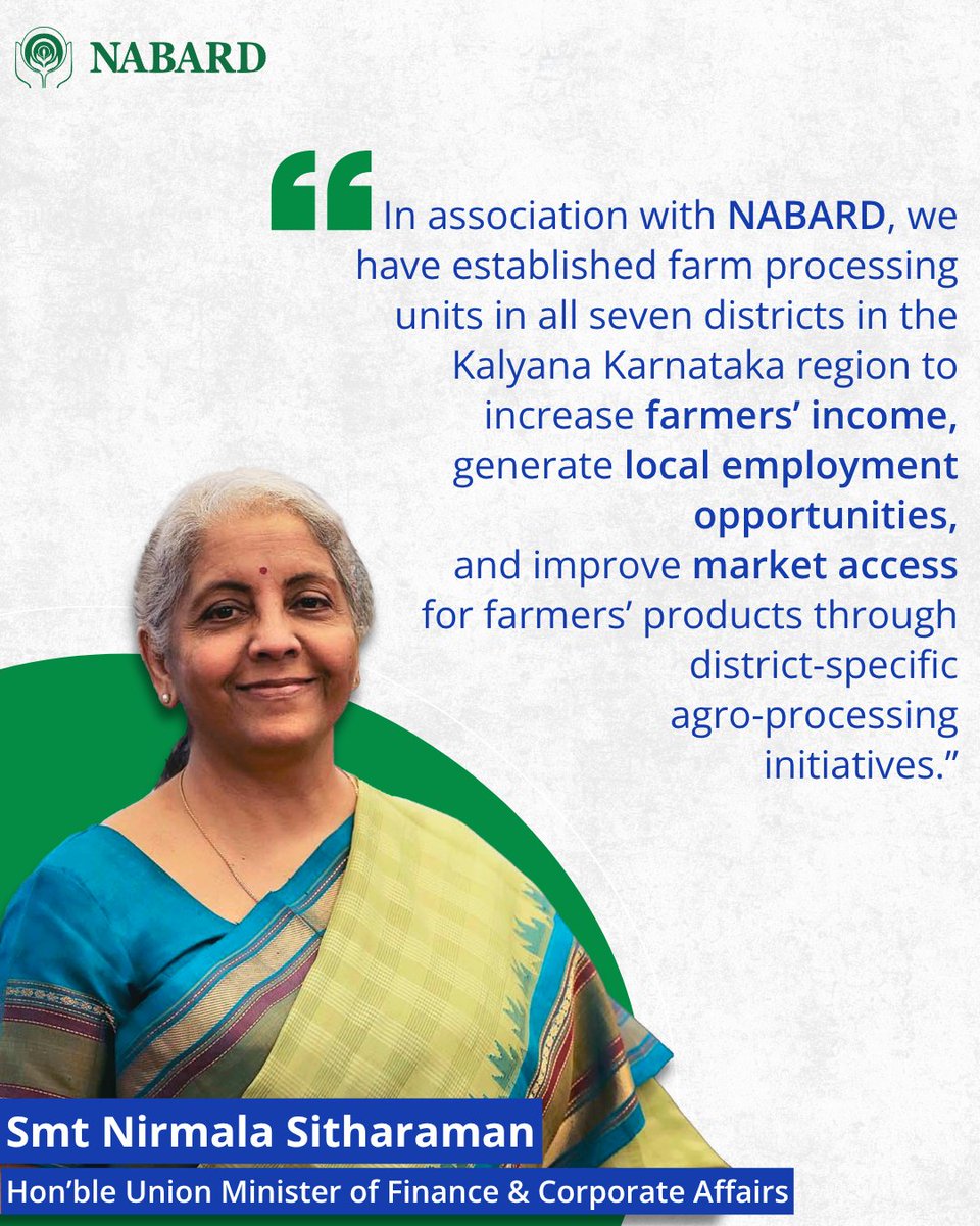 NABARDOnline's tweet photo. From chilli processing in Ballari, fruit value-addition in Koppal, pulse processing in Raichur, groundnut processing in Yadgir, and tamarind-based products in Vijayanagara, the Farmers’ Training & Common Facility Centres (FT-CFCs) across Kalyana Karnataka are being developed as district-specific agro-processing hubs tailored to the region’s local crop strengths.​

Envisioned as district-level interventions for strengthening agro-processing ecosystems and rural value chains, these centres have been set up with financial support extended under the MPLADS funds of Smt Nirmala Sitharaman, Hon’ble Union Minister of Finance & Corporate Affairs, in collaboration with NABARD. In addition to supporting income augmentation for farmers, the initiative is expected to strengthen institutional capacities of farmer collectives, encourage rural entrepreneurship, and promote sustainable livelihood opportunities across the region.

Guided by the Government of India’s commitment to inclusive and sustainable rural development, these centres represent a transformative step towards building self-reliant rural economies.​

@nsitharaman @nsitharamanoffc 

#NABARD #MPLADS #KalyanaKarnataka