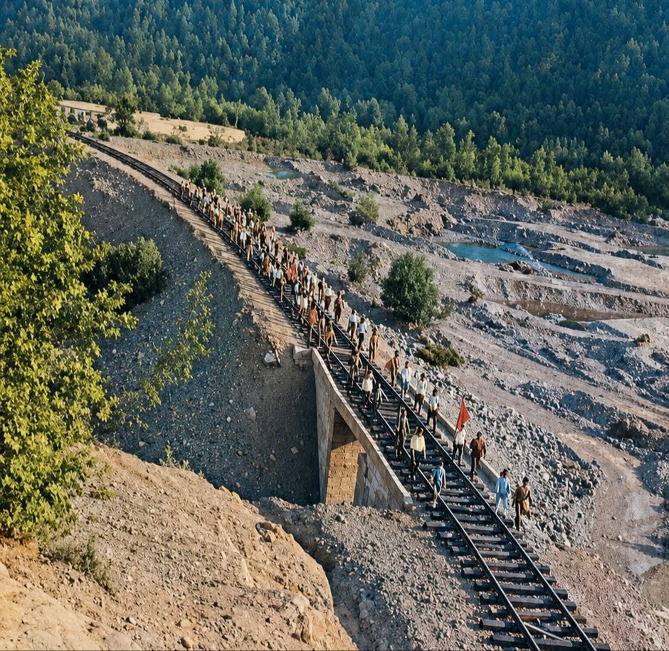 DailyPSRAlbania's tweet photo. 1973: In the major projects of the Fifth Five-Year Plan. Young volunteers engaged in the construction of the Elbasan-Prrenjas railway. https://t.co/hZAiPFrpyQ