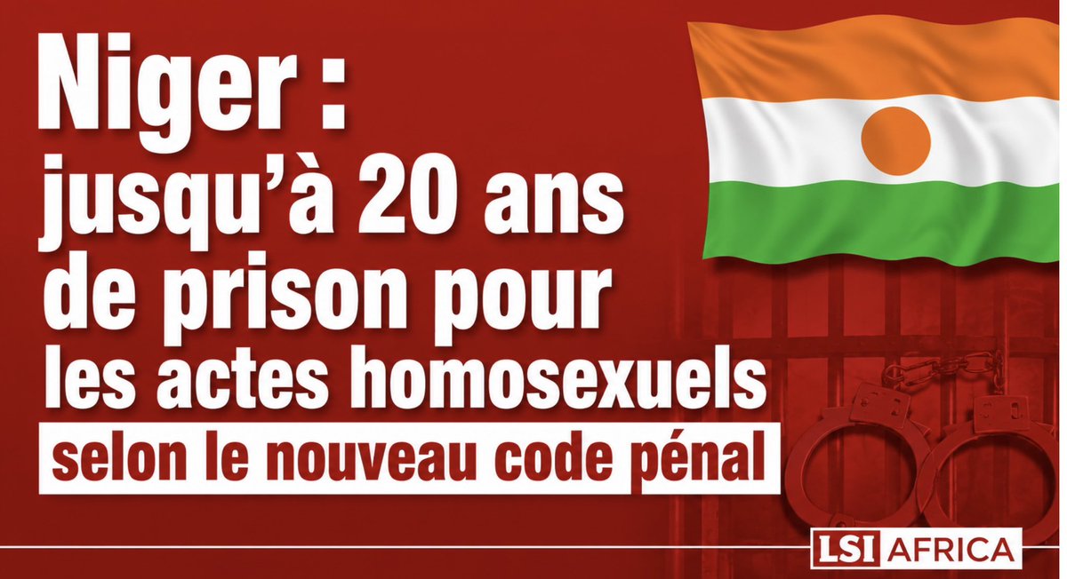 lsiafrica's tweet photo. 🚨Niger 🇳🇪 : le nouveau code pénal criminalise l’homosexualité et d’autres orientations sexuelles https://t.co/0N4Ukn7fRP https://t.co/xJKUdXsmFp
