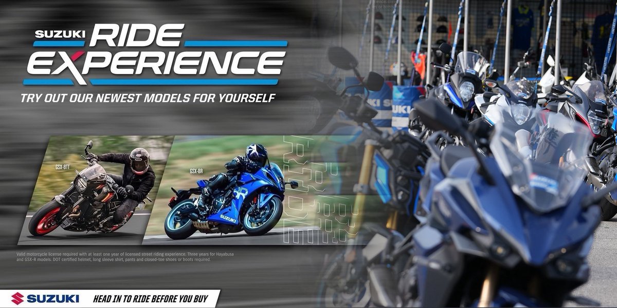 suzukicycles's tweet photo. Who’s ready to ride a Suzuki this weekend? The Suzuki Ride Experience is coming your way! Experience Suzuki’s latest lineup at one of our upcoming demo ride events.

Find your nearest event at https://t.co/ajKZrpIY7r

#Suzuki #SuzukiCycles #SuzukiRideExperience #DemoRide https://t.co/HZroayl5sf
