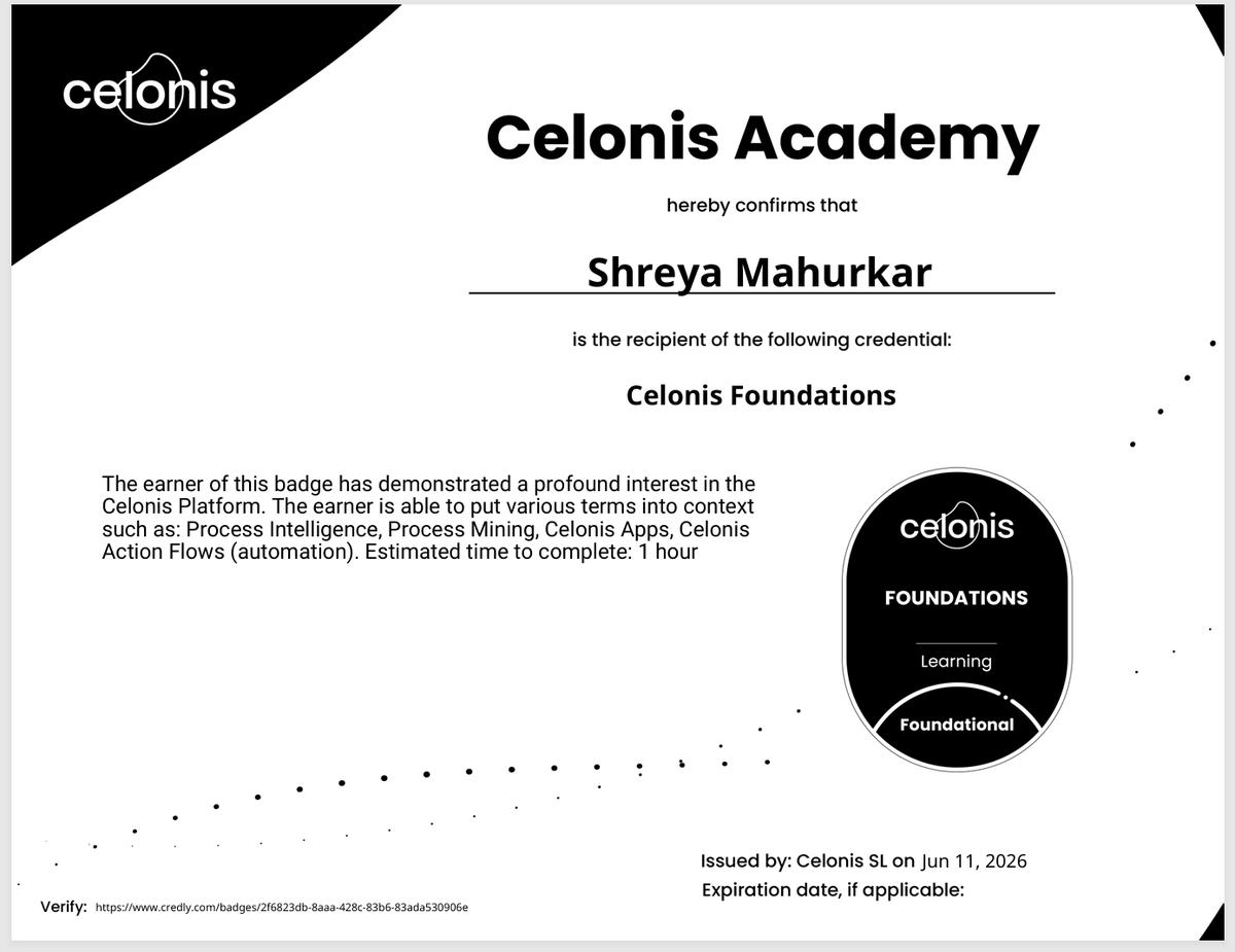MahurShrey15863's tweet photo. Week 2 Day 2
Explored Process Mining with @Celonis and earned the Celonis Foundations Badge
Learned how organizations analyze business processes using data-driven insights, helping improve efficiency .
@cnaiitg #ProcessMining #Celonis #SummerAnalytics2026 #BuildInPublic https://t.co/9RK6tdQdsJ