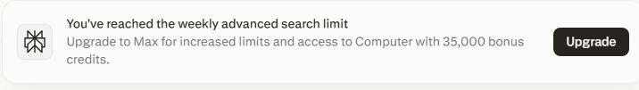 kimrampling's tweet photo. Interesting; for the first time ever Perplexity AI (on a Pro sub since one year) has flagged: "You've reached the weekly advanced search limit" Upgrade etc. The cost of compute is starting to bite. Interesting it rolls out just as Google Gemini is announcing reductions. Who, or rather what is next?