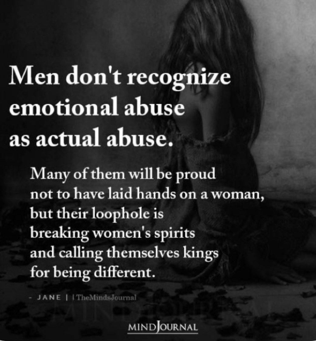Upwardchanging2's tweet photo. One of the most insidious effects of patriarchy and misogyny is that many people still think abuse only counts when a man leaves a bruise.

So a man can lie, manipulate, gaslight, humiliate, control, intimidate, degrade, betray, and psychologically dismantle a woman for years, yet still see himself as a good man because he never hit her.

The absence of physical violence does not erase emotional abuse. It doesn’t erase coercive control. It doesn’t erase psychological harm.

A woman doesn’t have to be black and blue to be abused.