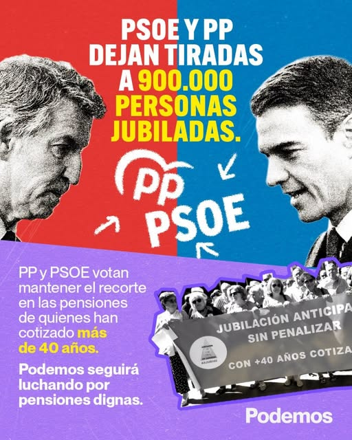 PensCompostela's tweet photo. PP + PSOE se unen para que 900.000 jubilad@s sigan viendo recortadas sus pensiones y ello a pesar de haber cotizado más de 40 años.
Seguiremos luchando contra esta vergonzosa injusticia hasta que lo consigamos! https://t.co/v2bKPrhGjY