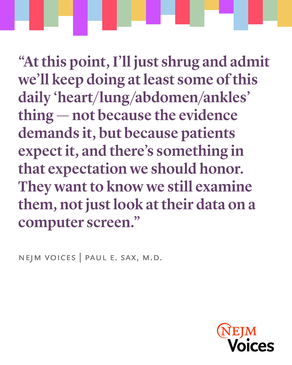 NEJM's tweet photo. In a new blog post, @PaulSaxMD writes about the ritual, limits, and occasional magic of the daily physical exam.   

Read “Heart, Lung, Abdomen, Ankles”: https://t.co/ZCR2p9kYAg https://t.co/MGCpiqD4vp