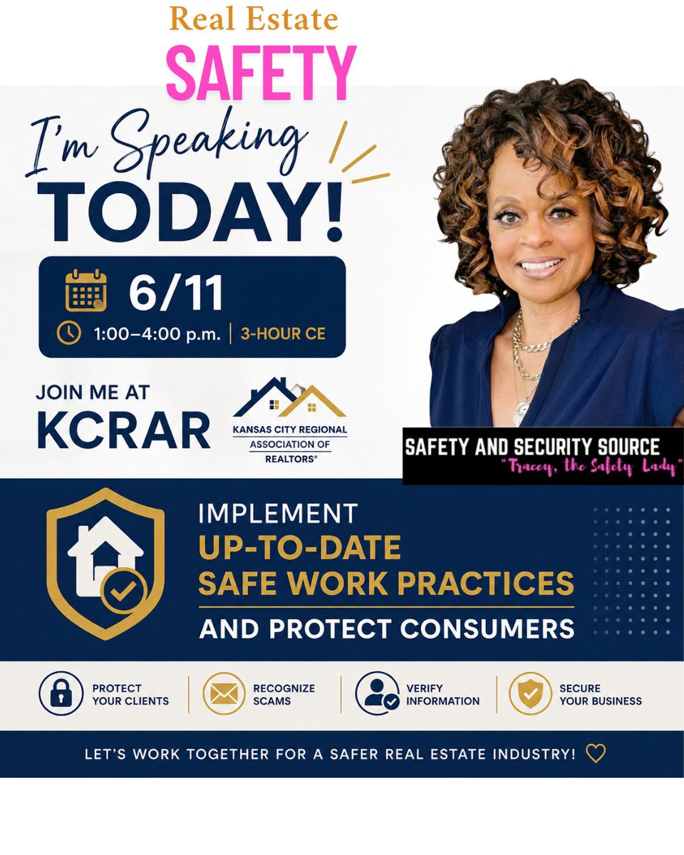 TraceySafeTLady's tweet photo. #realestatesafety #realtorsafety as the leading real estate safety expert in the U.S., I'm teaching for the 13k member Kansas City Regional Association of REALTORS®️ https://t.co/4JlDCic2kA