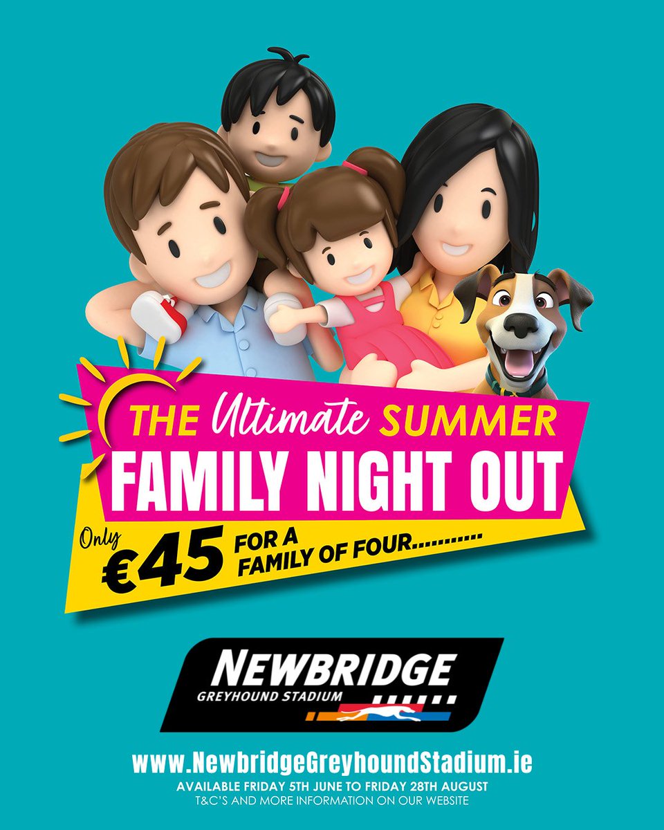 newbridgedogs's tweet photo. Our Ultimate Family Night Out offer returns for summer.

Enjoy a night out all the family will enjoy here in Newbridge for only €45!

Book now on https://t.co/ZBt6vFXfHq

#GoGreyhoundRacing #ThisRunsDeep #Newbridge https://t.co/WF24AvBy6P