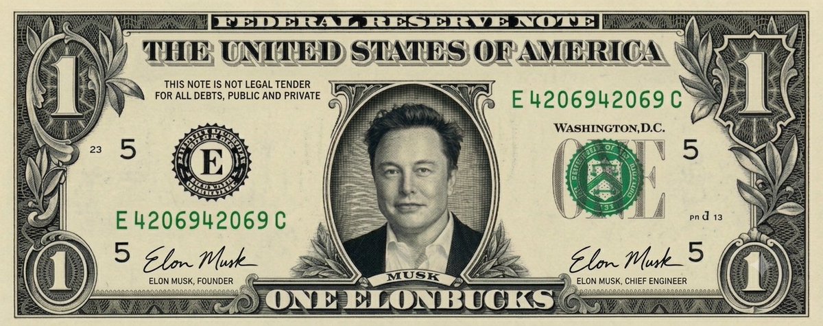 TheBraveDegen's tweet photo. I truthfully think @elonmusk should be on the one-dollar bill. What do you think, @FRBservices @DonaldTrump, especially if he becomes the first trillionaire? 🤔 https://t.co/dGjUP7jhmv