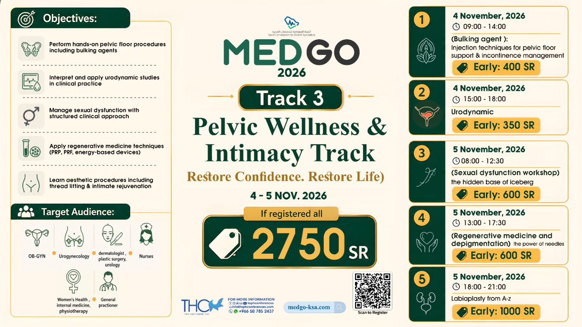 tophconferences's tweet photo. 🌸 MEDGO 2026 🌸
Track 3
Pelvic Wellness &amp; Intimacy Track
Restore Confidence. Restore Life

🔹Bulking Agent
🔹Urodynamic
🔹Sexual Dysfunction Workshop
🔹Regenerative Medicine &amp; Depigmentation
🔹 Labiaplasty from A-Z

📅 4 - 5 Nov 2026
 للتسجيل:https://t.co/kq5V2jq5tO
📞0507852437 https://t.co/r3blaUPHJA